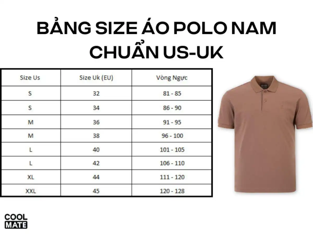 Bảng size áo polo nam chuẩn US-UK Bảng size áo polo nam chuẩn US-UK