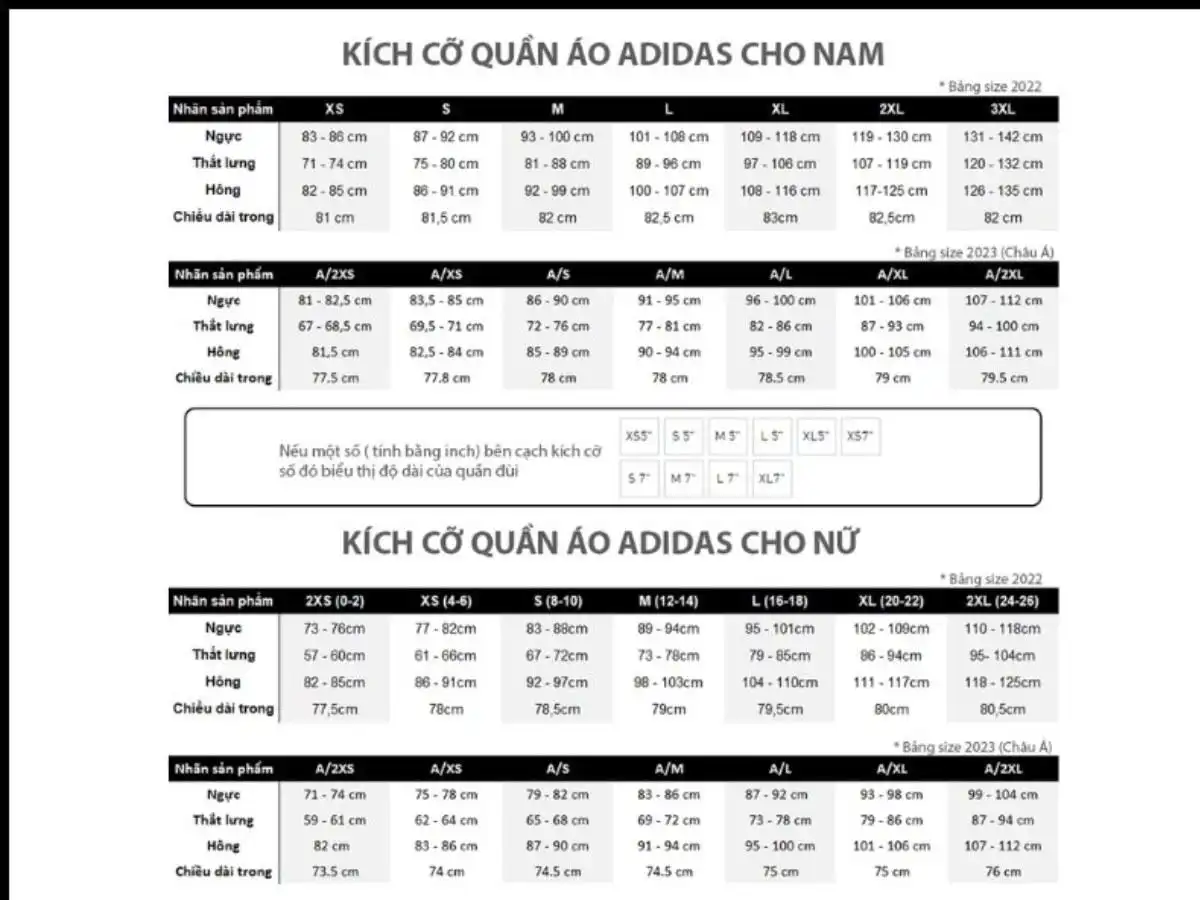 Bảng size áo sweater nam và nữ của thương hiệu Adidas