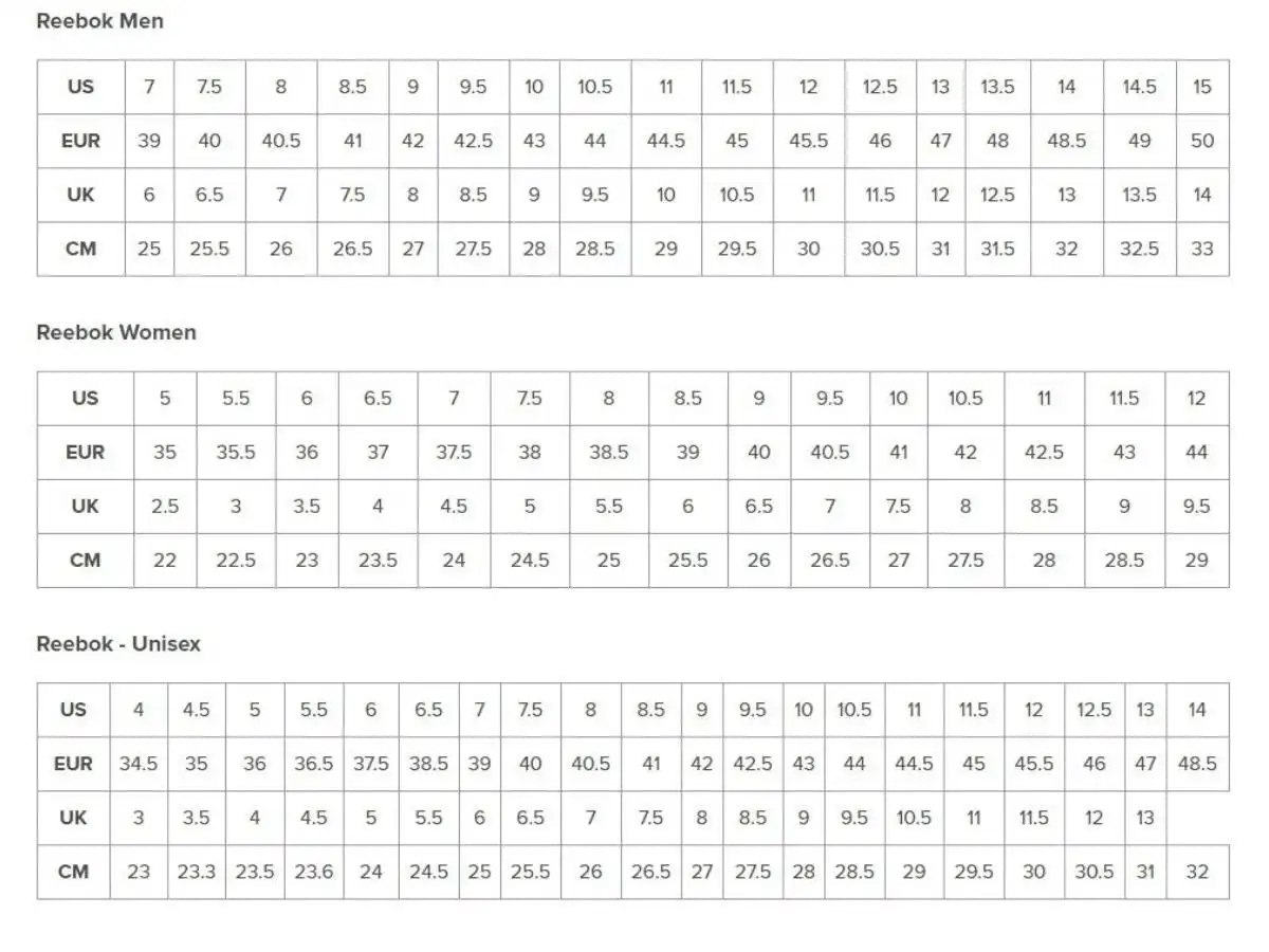 Bảng size áo sweater nam và nữ của thương hiệu Reebok