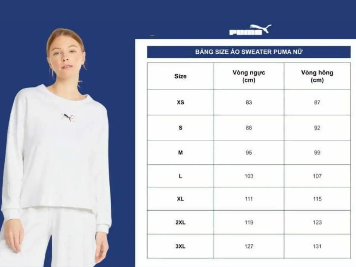 Bảng size áo sweater nữ của thương hiệu Puma