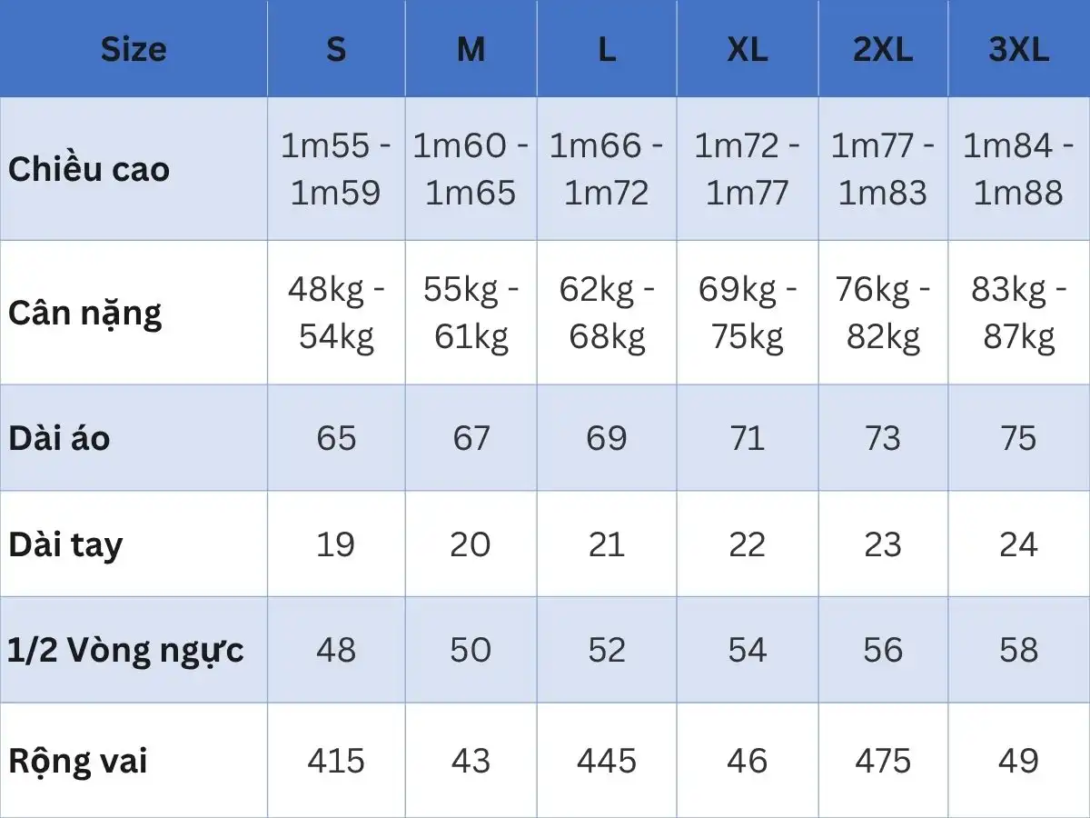 Bảng Size áo thể thao nam Khánh Beauty tham khảo