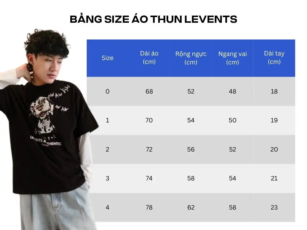 Bảng size áo thun Levents Bảng size áo thun Levents