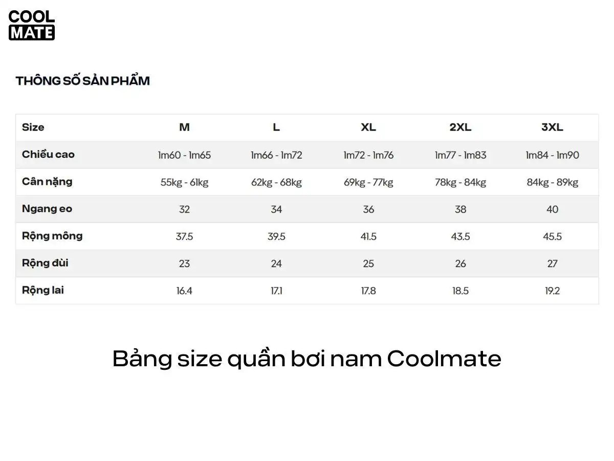 Bảng size quần bơi nam tại Khánh Beauty