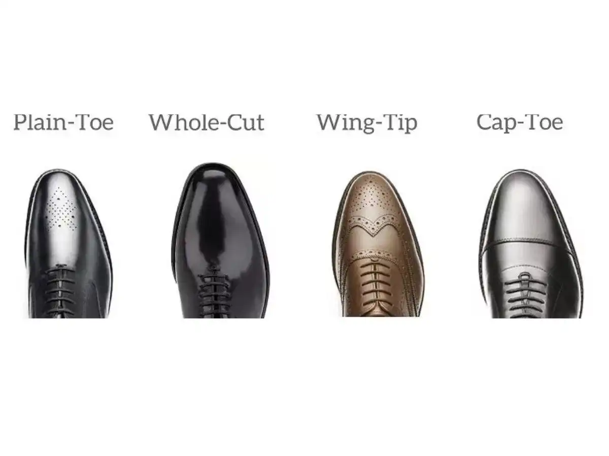 Các kiểu mũi giày khác nhau: Plain toe, Cap toe, Wingtip Các kiểu mũi giày khác nhau: Plain toe, Cap toe, Wingtip