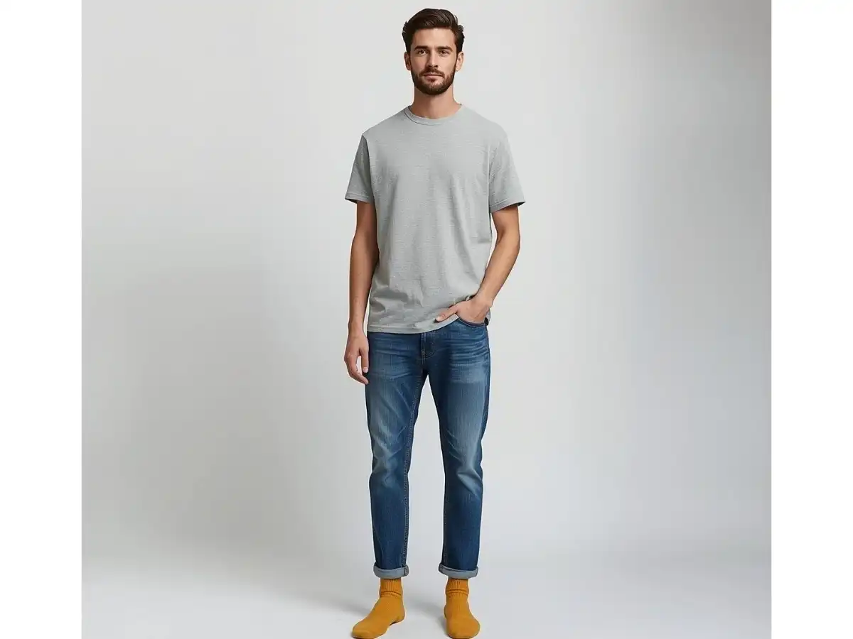 Phong cách street style, mặc quần jeans, áo thun trơn nhưng nổi bật nhờ đôi tất màu vàng mù tạt