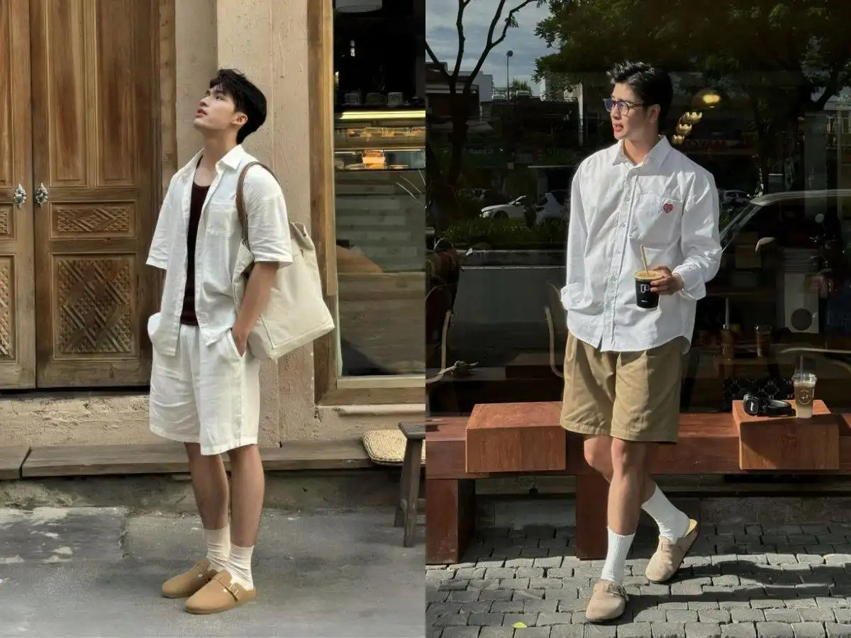 Quần short kaki nam kết hợp áo sơ mi xắn tay, mang phong cách phóng khoáng.