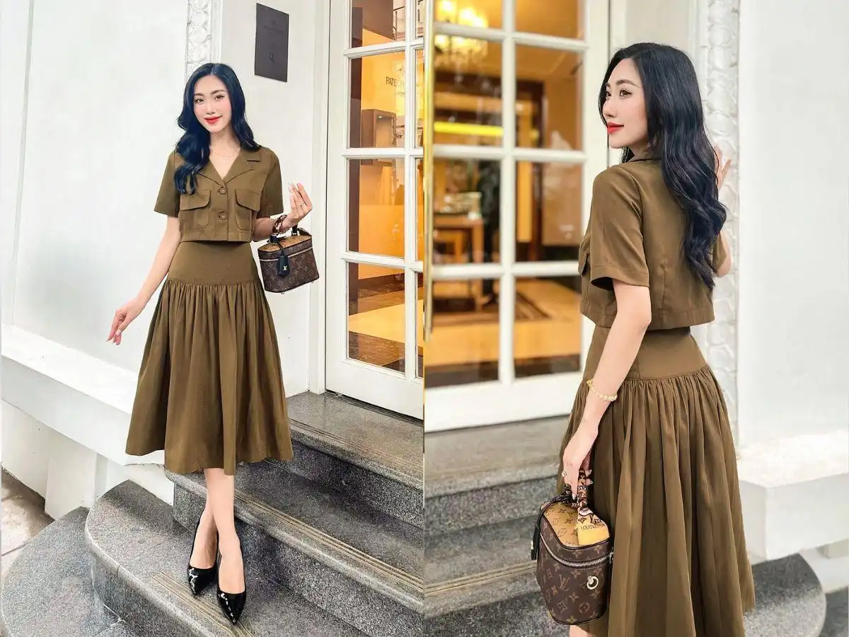 Váy xòe và bèo nhún giúp tôn tạo cân đối cho dáng tam giác ngược